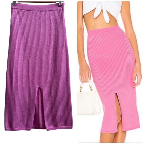 Free People Skyline Pink Ribbed Front Slit Midi Skirt Size Medium Feminine Girly - Picture 1 of 11